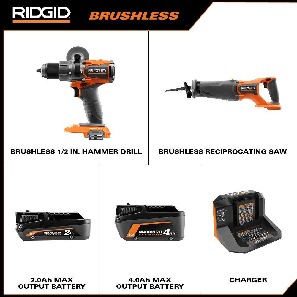 RIDGID R960261SBN 18V Brushless Cordless 1/2 in. Hammer Drill and Recip Saw Kit with (1) 4.0Ah Battery. (1) 2.0Ah Battery. Charger