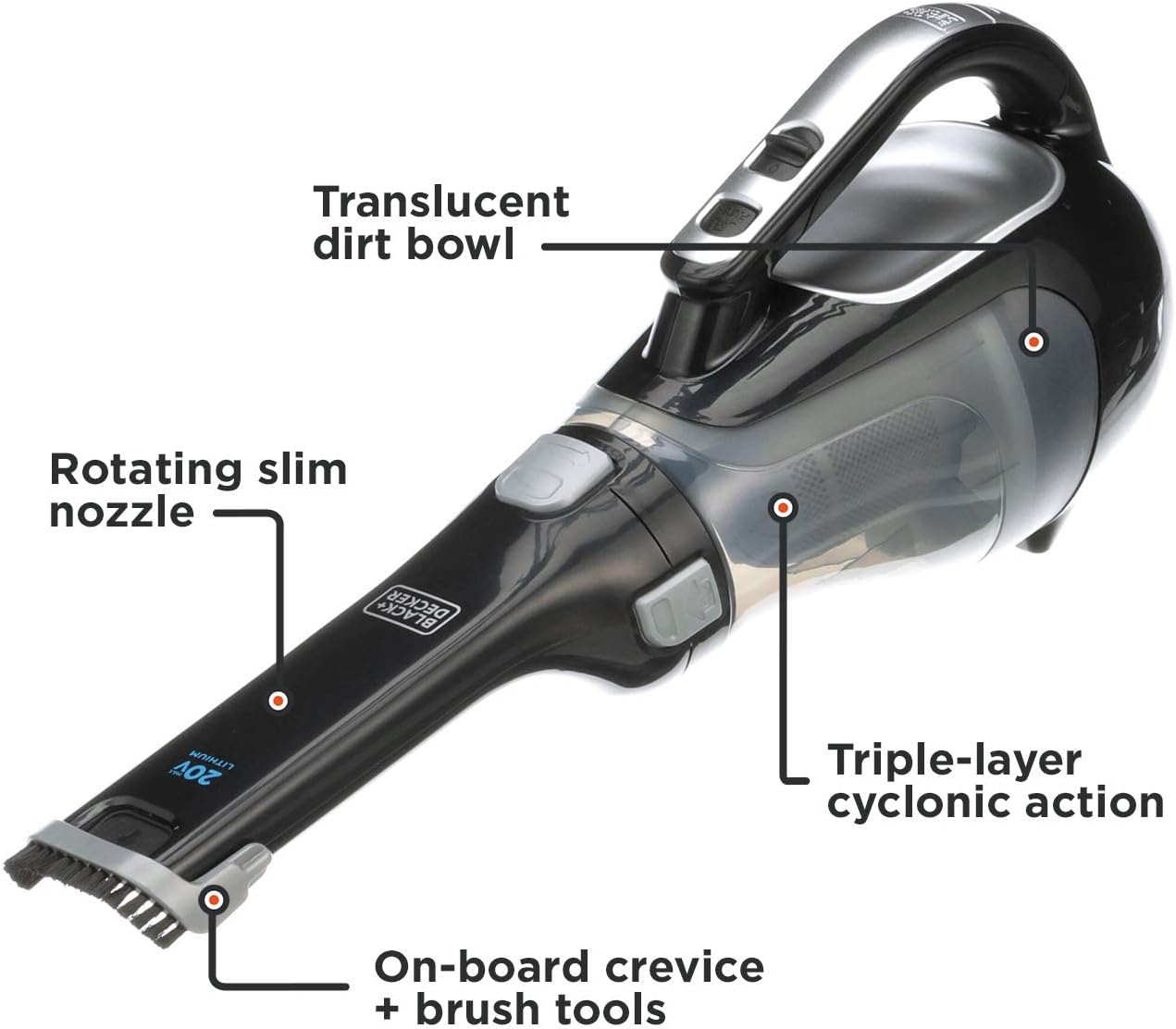 BLACK+DECKER 20V Cordless Handheld Vacuum with Pivoting Nozzle and Washable Filter (BDH2000L)