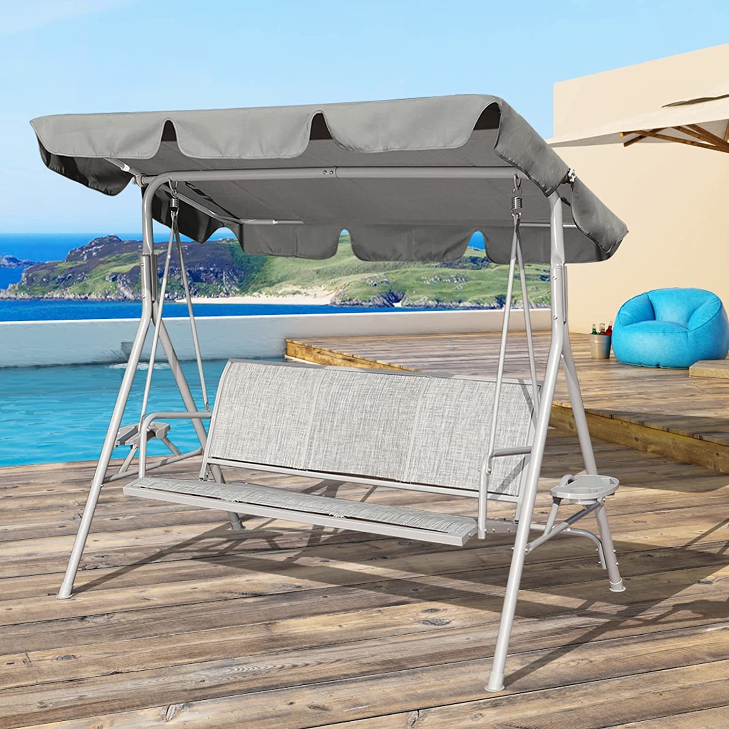 GOLDSUN Outdoor Canopy Swing Seat with Stand.Swinging Hammock Lounge Chair with Weather Resistant Powder Coated Steel Frame and Adjustable Canopy for Garden Patio Porch Poolside Backyard(Grey)