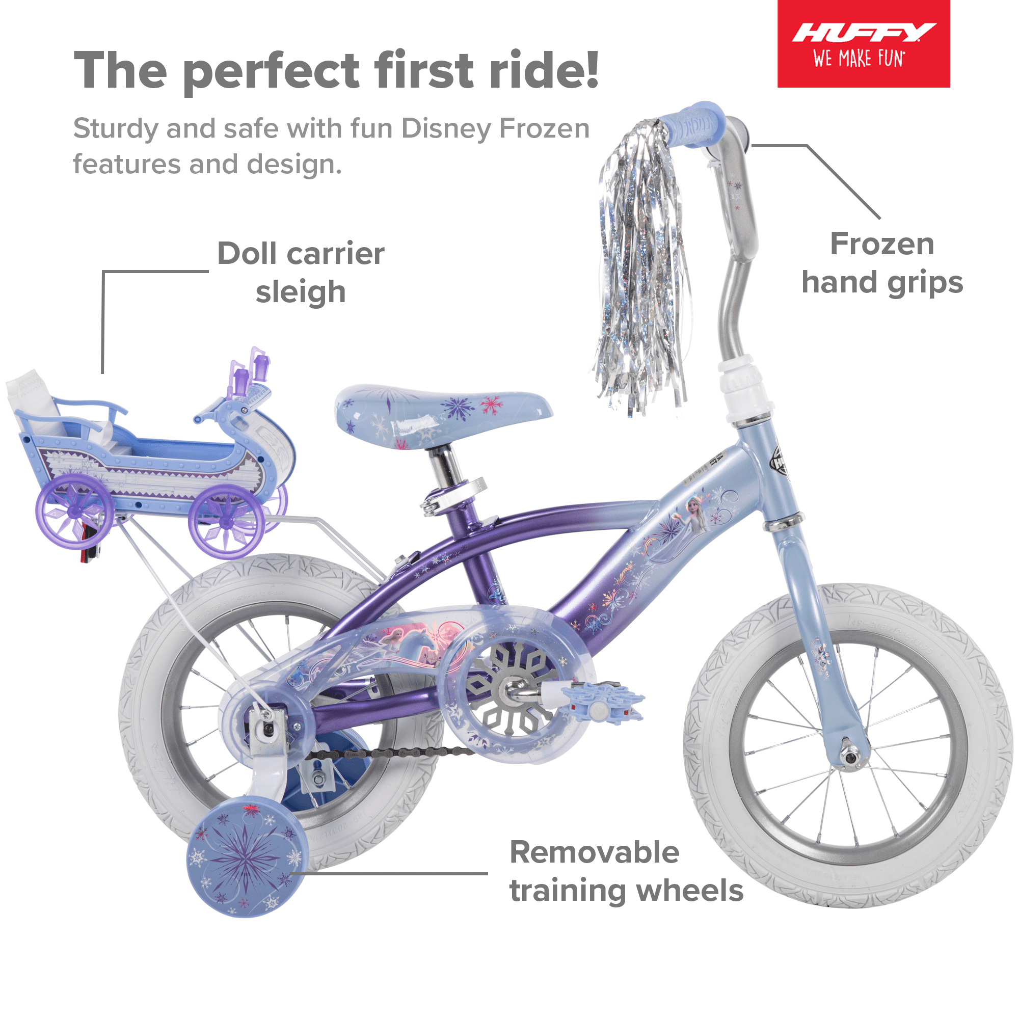 Disney Frozen Bike with Doll Carrier Sleigh for Girl-s. 12 In.. White and Purple by Huffy