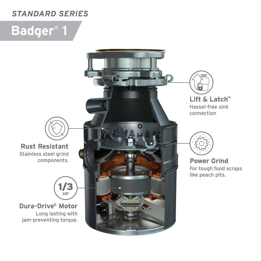 InSinkErator BADGER 1 Badger 1 Lift & Latch Standard Series 1/3 HP Continuous Feed Garbage Disposal