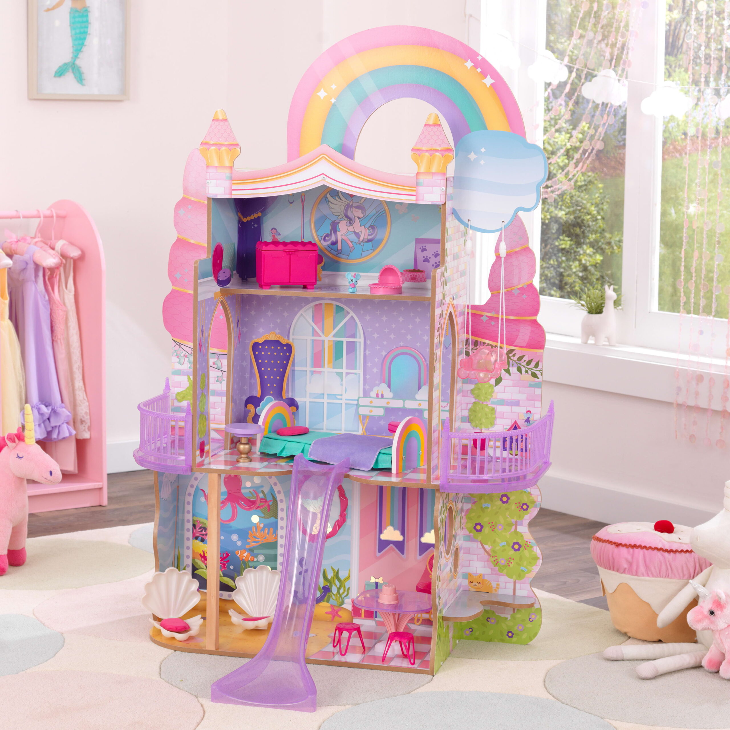 KidKraft Rainbow Dreamers Unicorn Mermaid Wooden Dollhouse with 15 Accessories