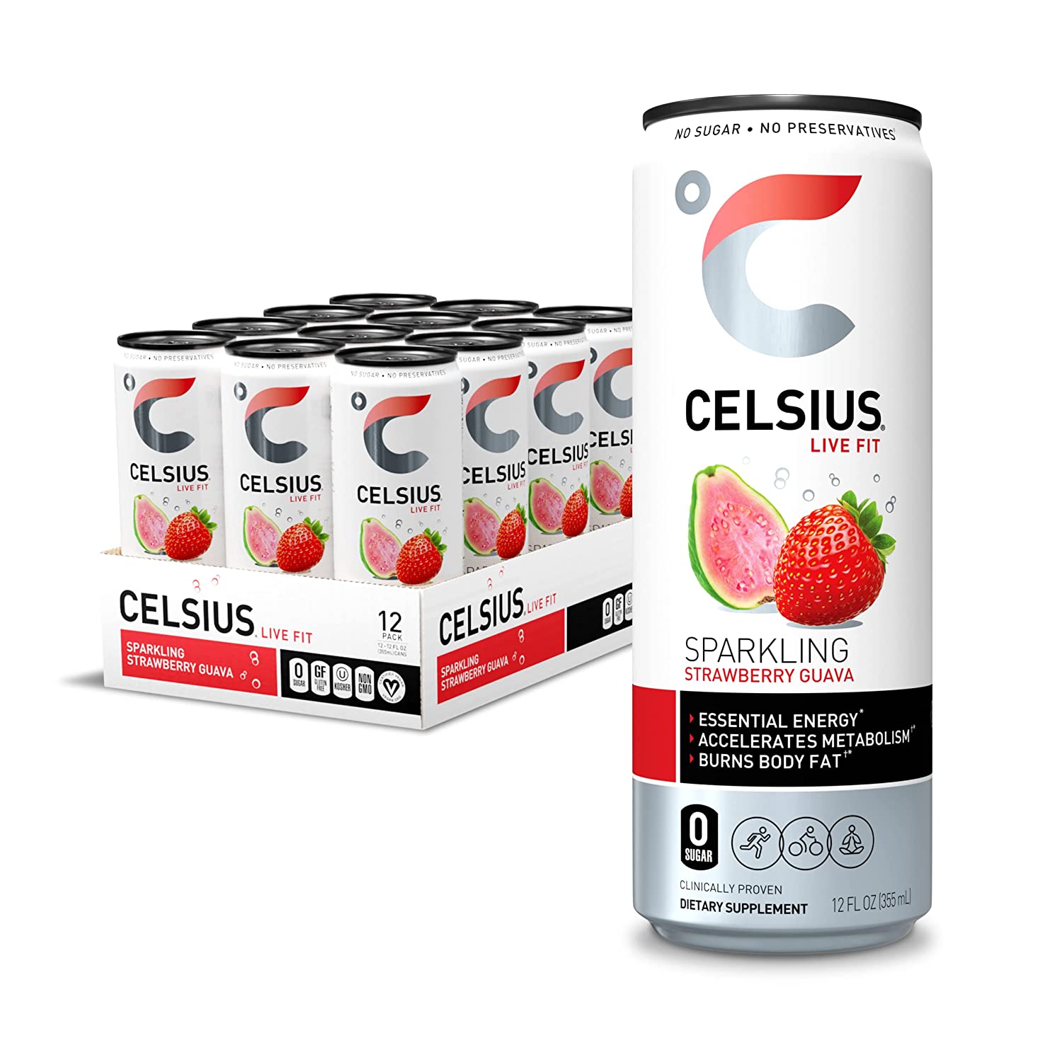 CELSIUS Essential Energy Drink 12 Fl Oz. Zero Sugar. Sparkling Strawberry Guava (Pack of 12)