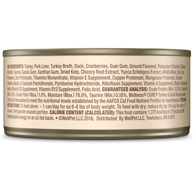 Wellness CORE Natural Grain Free Turkey & Duck Pate Wet Cat Food. 5.5 oz.. Case of 24