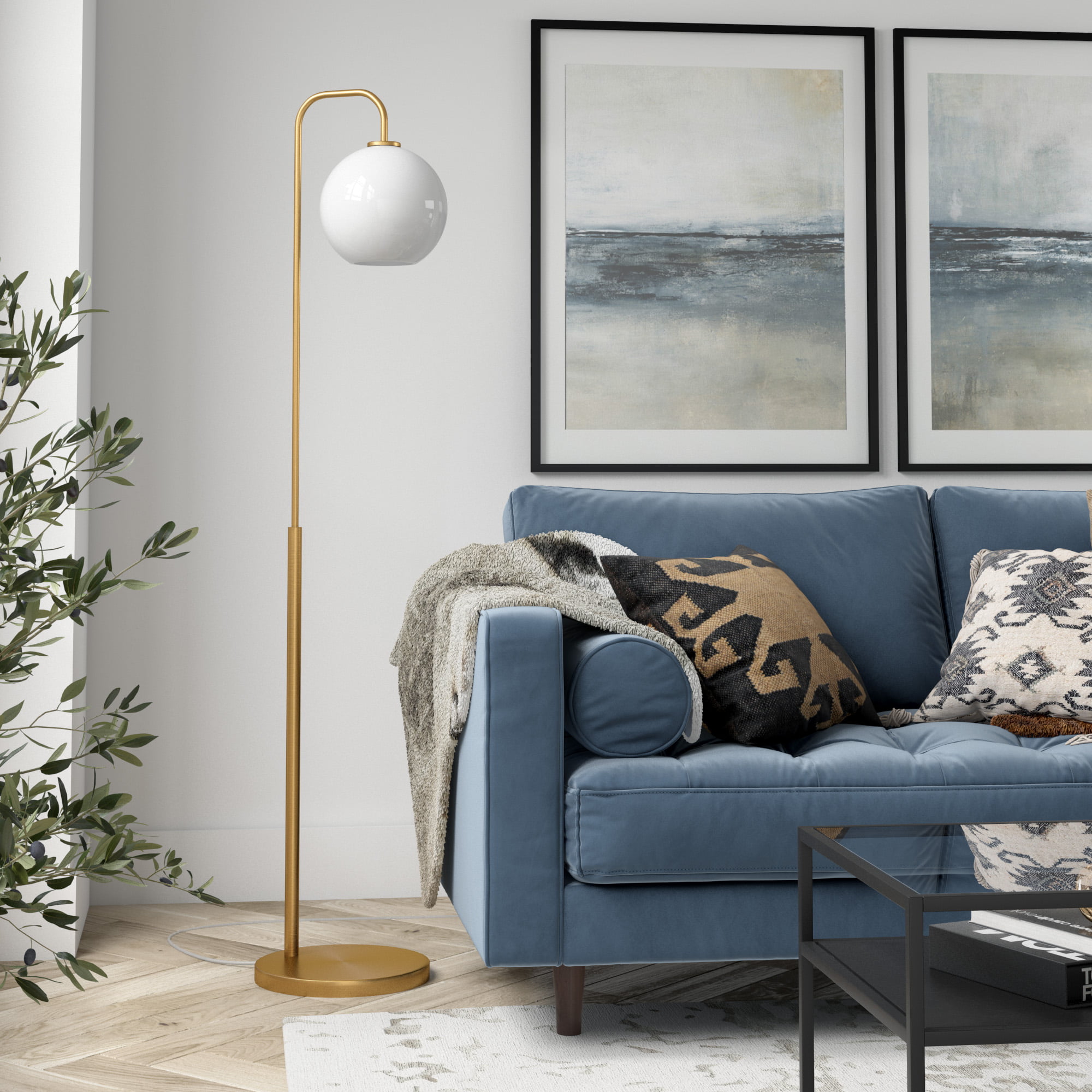 Evelyn&Zoe Harrison Mid-Century Modern Arc Floor Lamp. Brass and Milk Glass