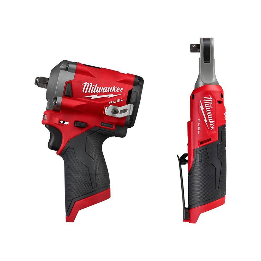 Milwaukee 2554-20-2567-20 M12 FUEL 12V Lithium-Ion Brushless Cordless Stubby 3/8 in. Impact Wrench with 3/8 in. High Speed Ratchet