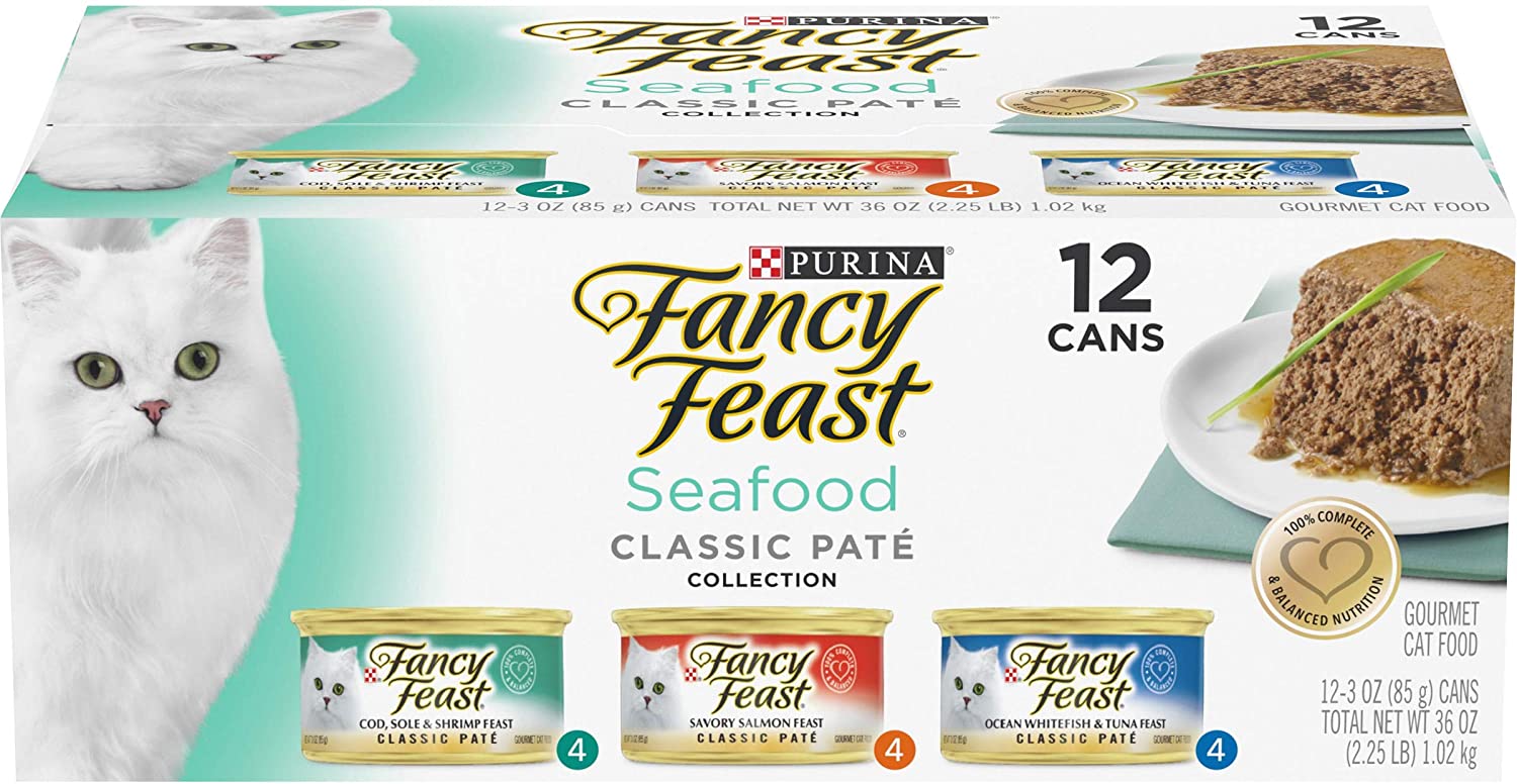 Purina Fancy Feast Grain Free Pate Wet Cat Food Variety Pack. Seafood Classic Pate Collection - (2 Packs of 12) 3 oz. Cans
