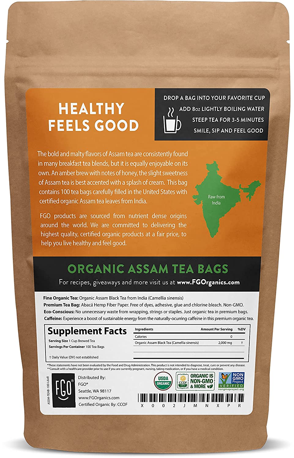FGO Organic Assam Tea Bags 100 Tea Bags. Eco-Conscious Tea Bags in Kraft Bag