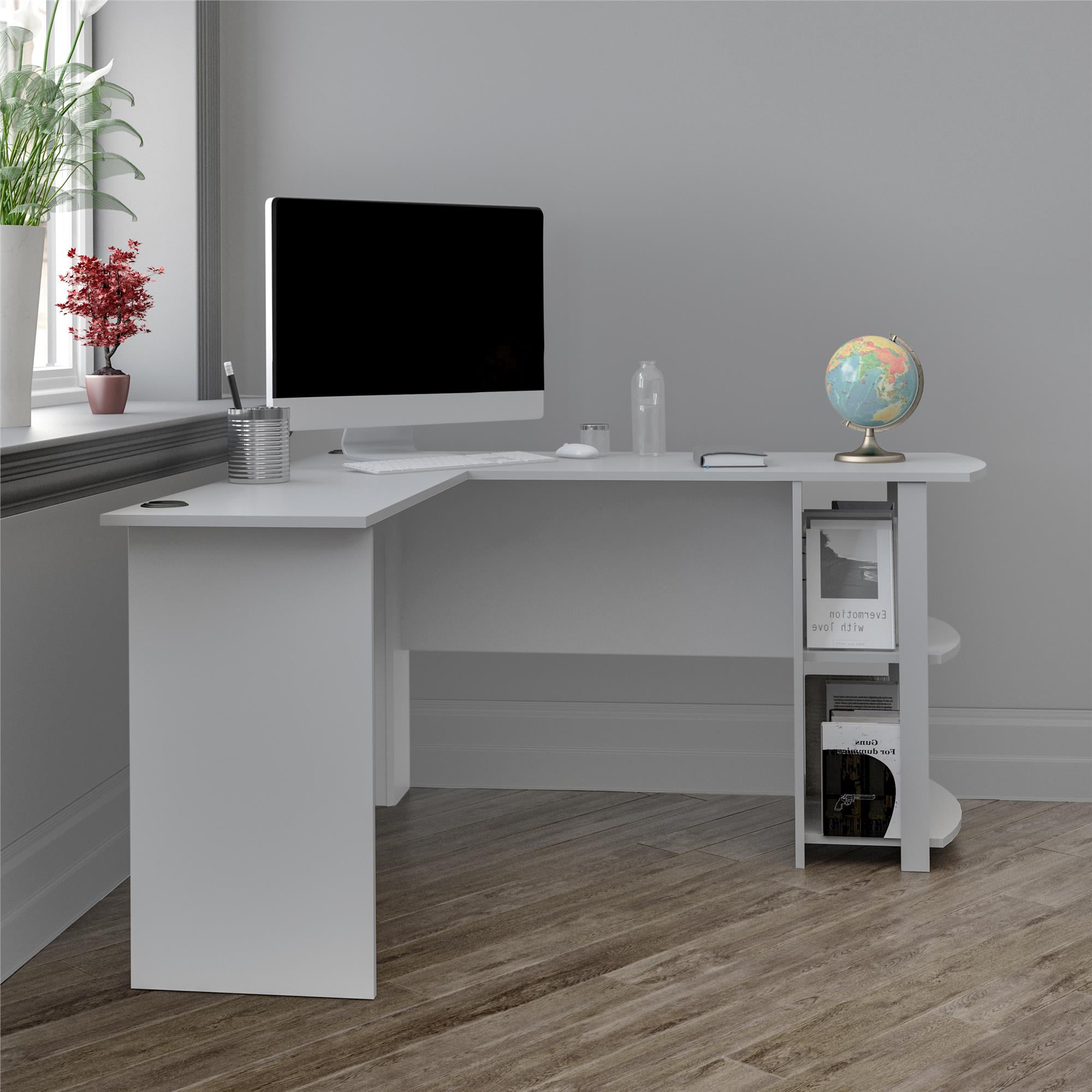 Ameriwood Home Dominic L Desk with Bookshelves. Dove Gray