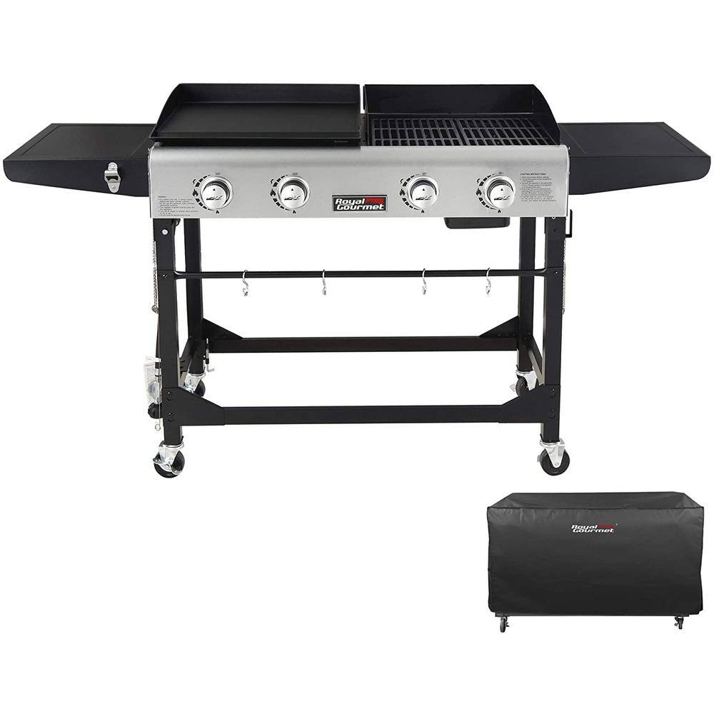 Royal Gourmet GD401C 4-Burners Portable Propane Gas Grill and Griddle Combo Grills in Black with Side Tables with Cover