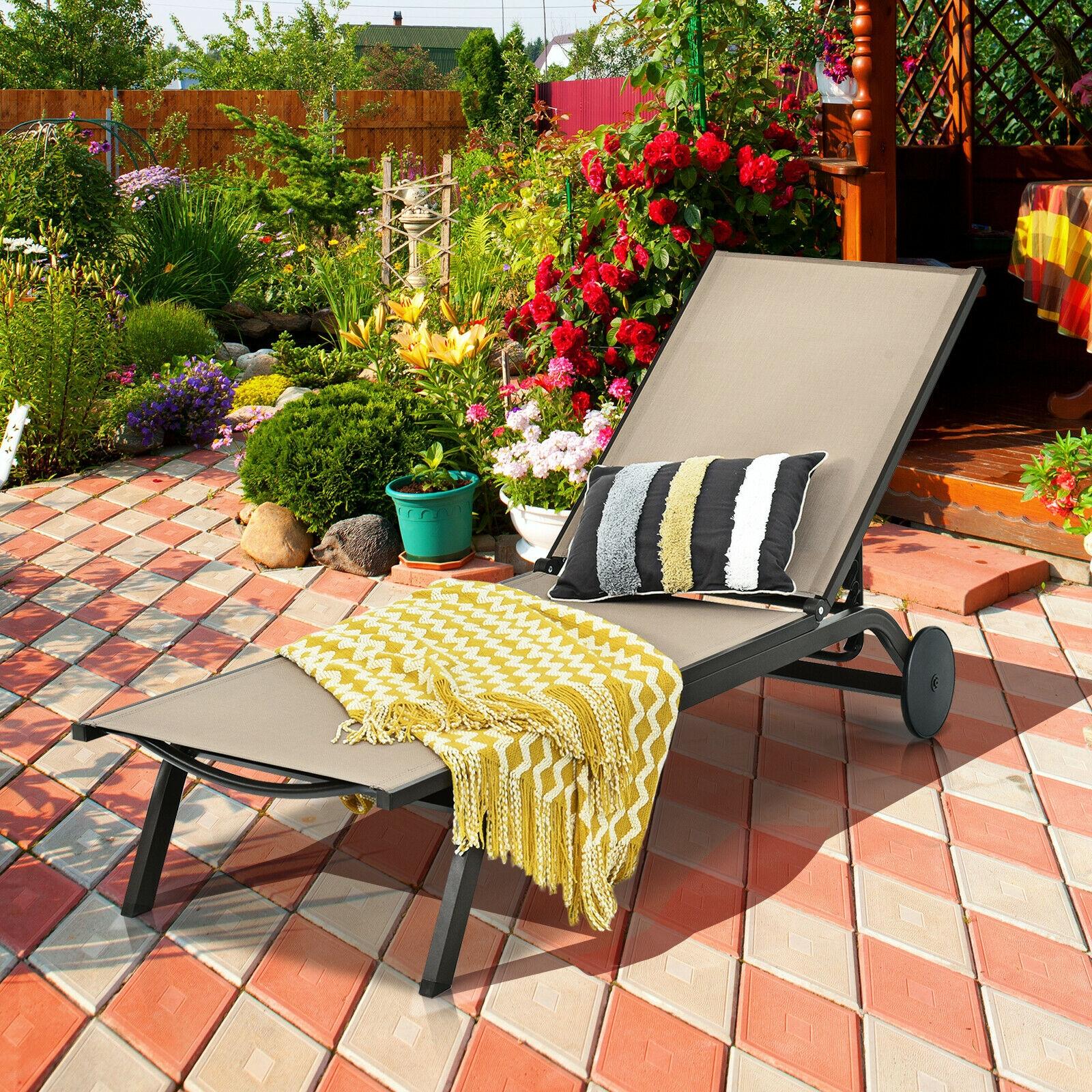 Clihome Patio Lounge Chair Aluminum Metal Frame Stationary Chaise Lounge Chair(s) with Brown Premium Fabric Sling Seat