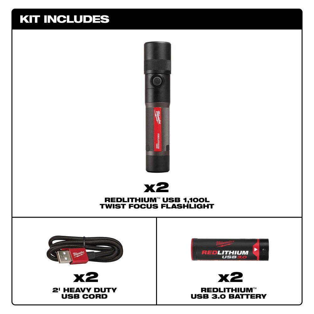 Milwaukee 2161-21-2161-21 1100 Lumens LED USB Rechargeable Twist Focus Flashlight (2-Pack)