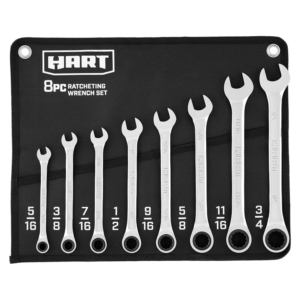 HART 8-Piece SAE Ratcheting Wrench Set with Tool Pouch. Chrome Vanadium
