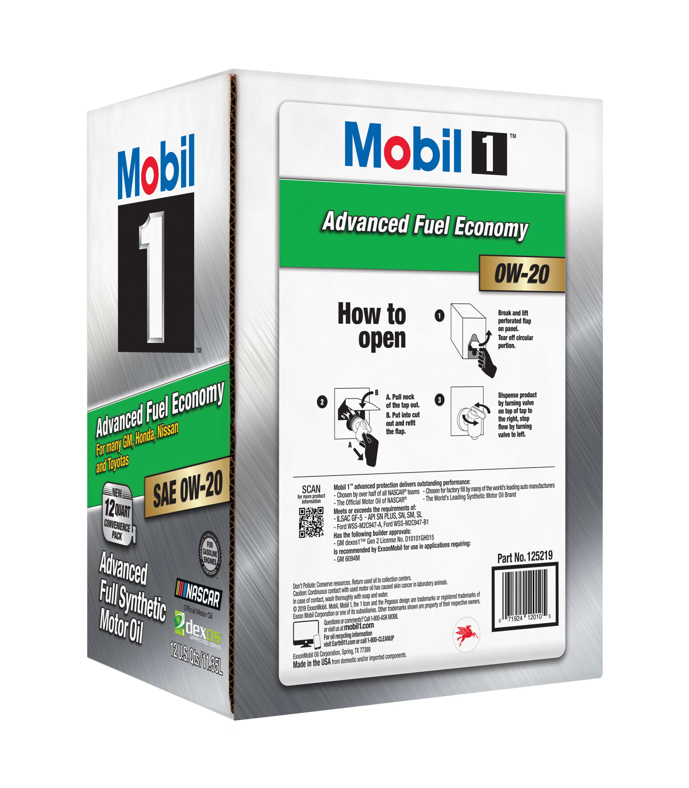 Mobil 1 Advanced Fuel Economy Full Synthetic Motor Oil 0W-20. 12 qt Bag in Box