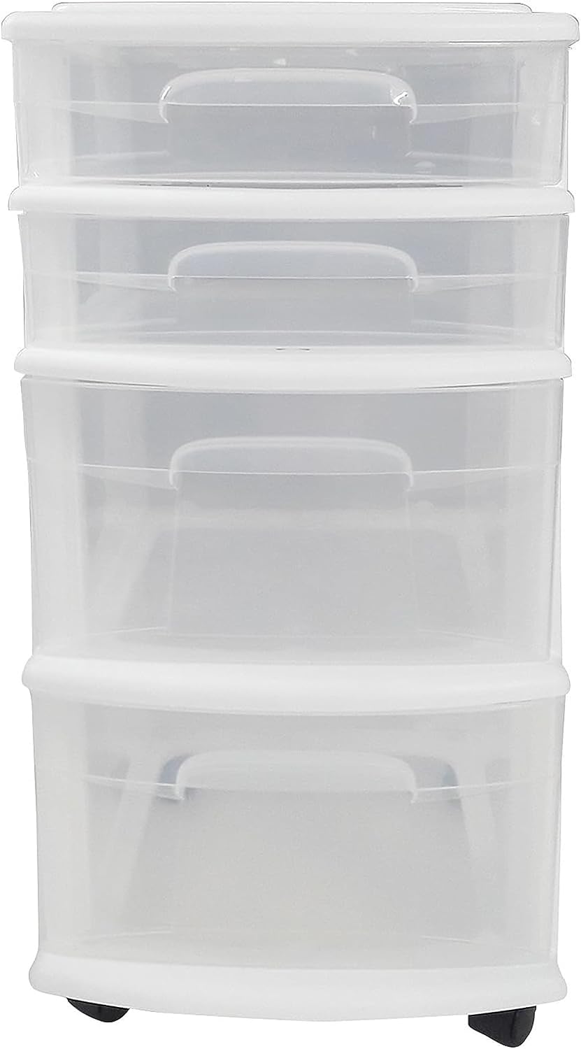 Homz Clear Plastic 4 Drawer Medium Home Organization Storage Container Tower w/2 Large and 2 Small Drawers. and Removeable Caster Wheels. White Frame