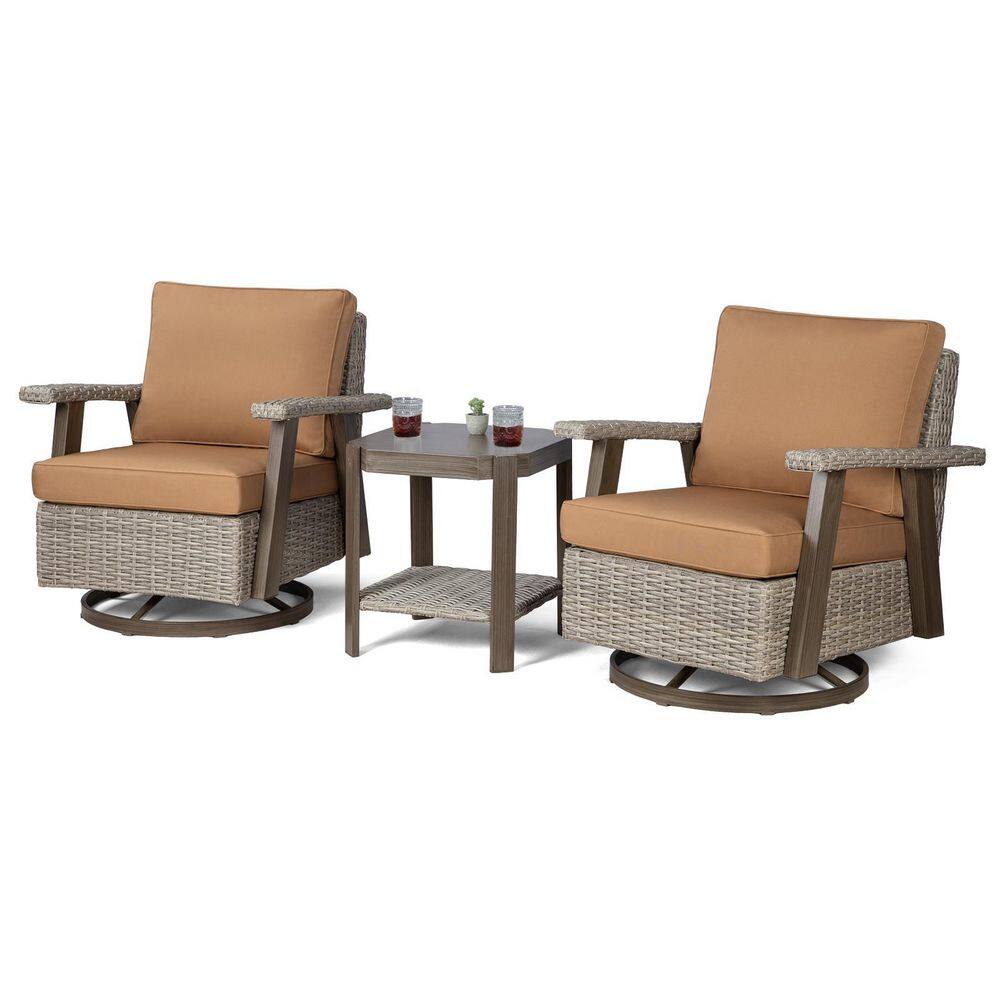 JOYSIDE  3-Piece Wicker Patio Swivel Rocking Chair Conversation Set with Tan Cushions
