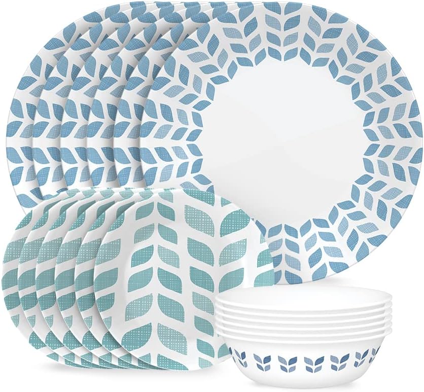 Corelle Global Collection Vitrelle 18-Piece Dinnerware Set. Triple Layer Recycled Glass. Lightweight Eco-Friendly Round Plates and Bowls Set. Northern Pines