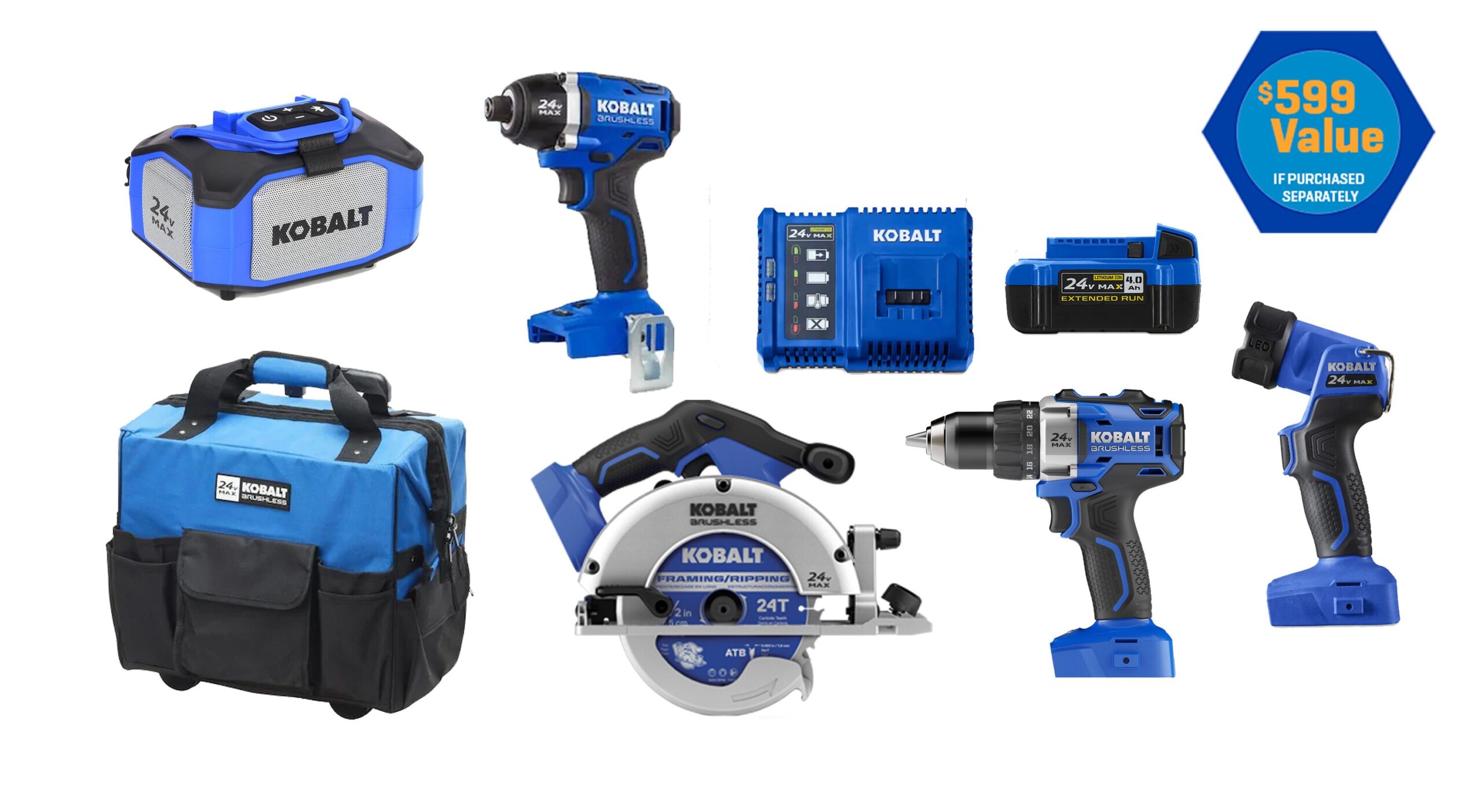 Kobalt 5-Tool 24-volt Brushless Power Tool Combo Kit with Soft Rolling Case (1 Li-ion Battery Included and Charger Included)