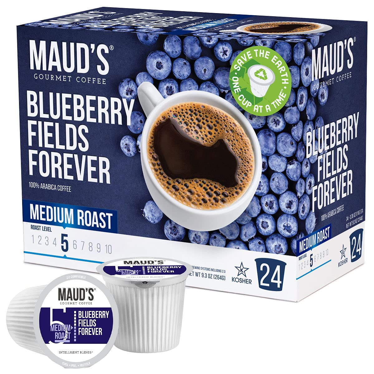 Maud-s Blueberry Coffee (Blueberry Fields Forever). 24ct. Solar Energy Produced Recyclable Single Serve Flavored Blueberry Coffee Pods – 100% Arabica Coffee California Roasted. KCup Compatible