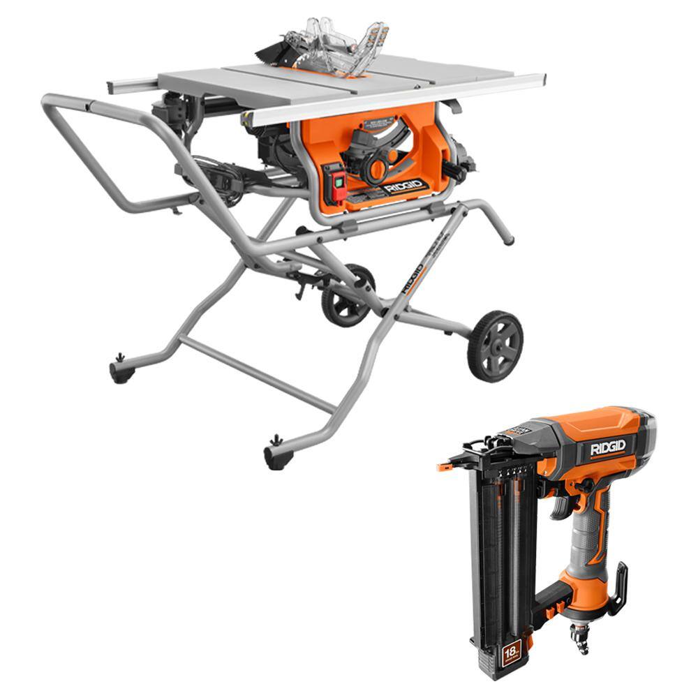 RIDGID R4514-R213BNF 15 Amp 10 in. Portable Pro Jobsite Table Saw with Rolling Stand and Pneumatic 18-Gauge 2-1/8 in. Brad Nailer