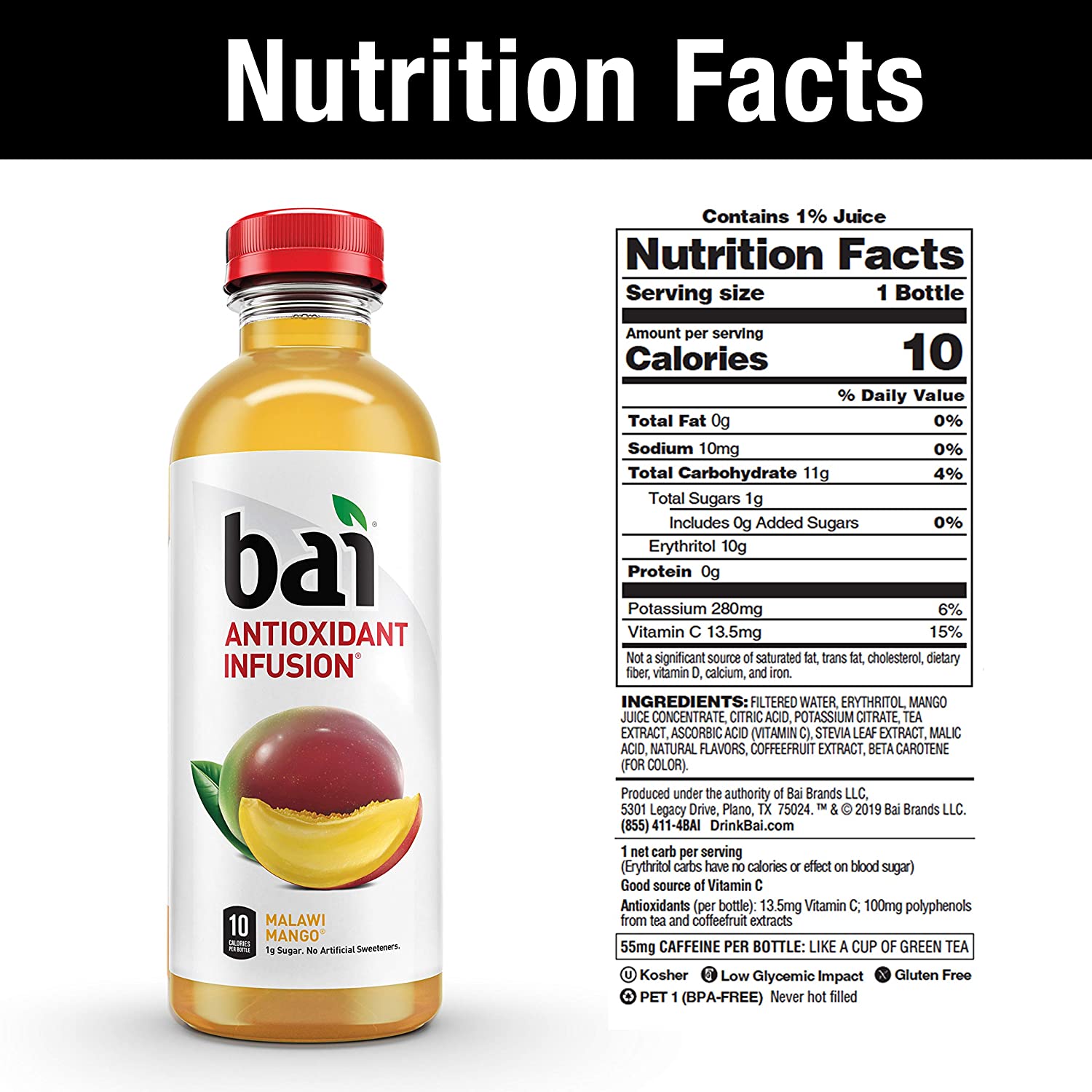 Bai. Malawi Mango. Antioxidant Infused. 18 Ounce Bottles. 12 Pack
