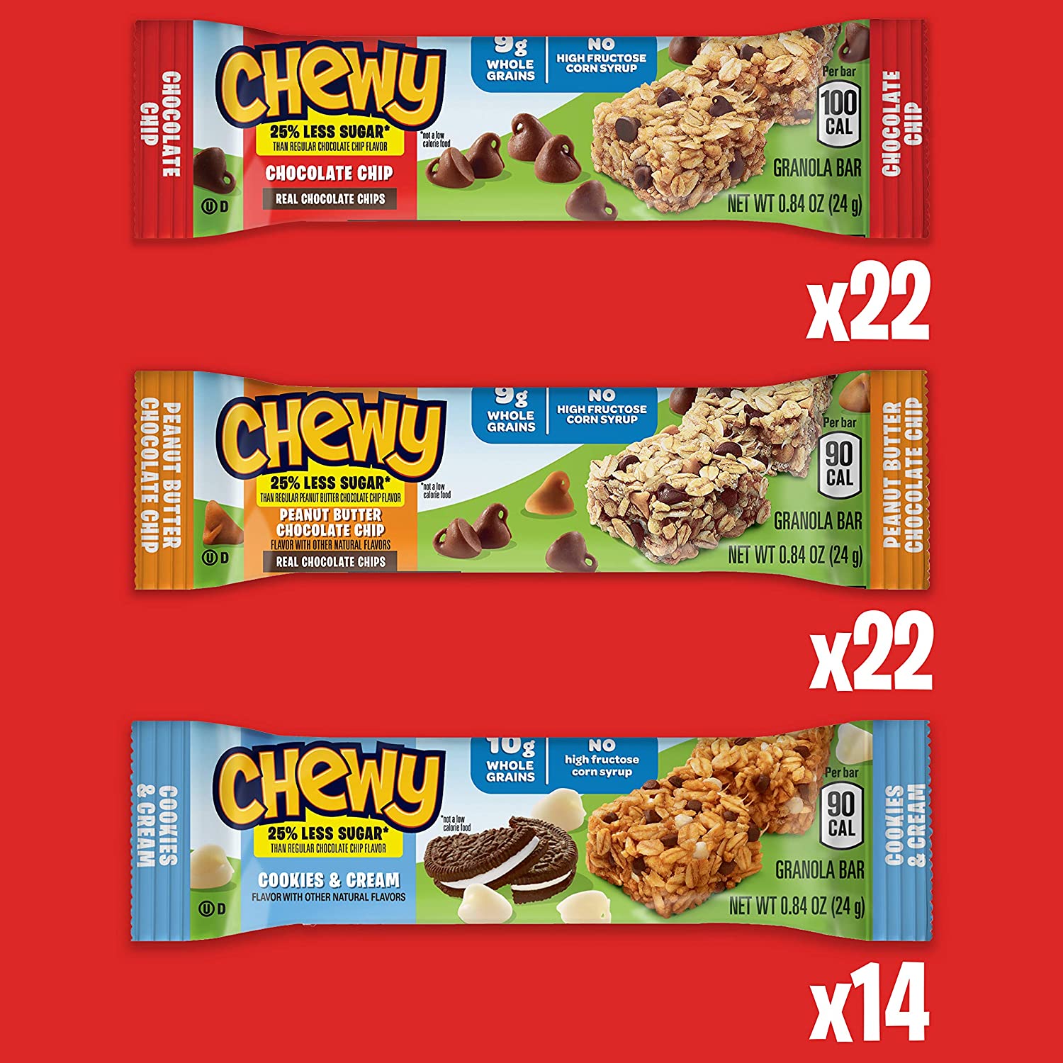 Quaker Chewy Lower Sugar Granola Bars. 3 Flavor Less Sugar Variety Pack 58 Count (Pack of 1)