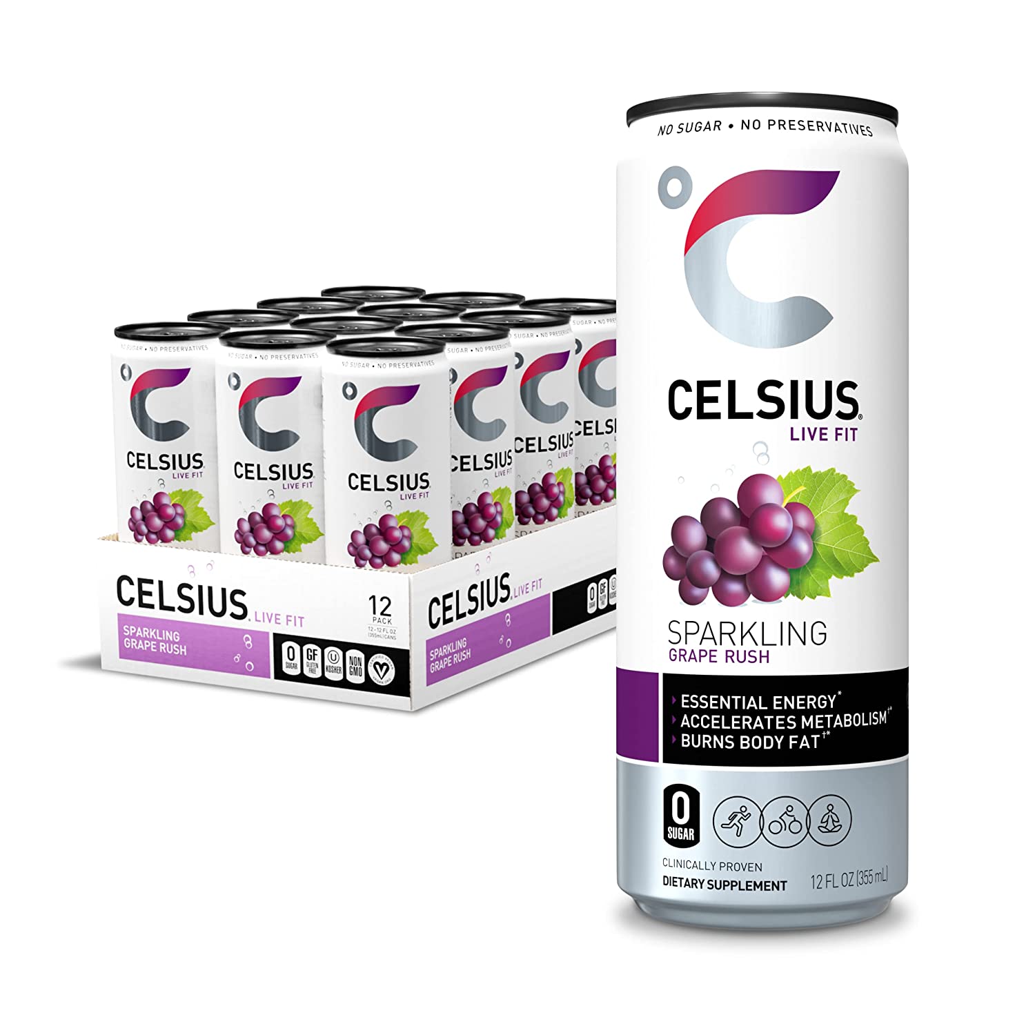 CELSIUS Essential Energy Drink 12 Fl Oz. Sparkling Grape Rush (Pack of 12)