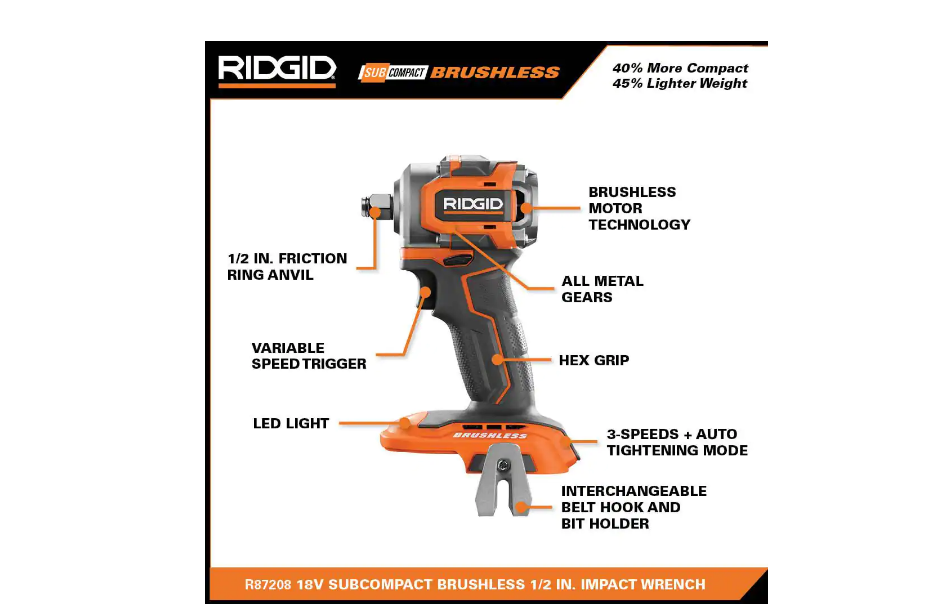 RIDGID R87208B 18V SubCompact Brushless Cordless 1/2 in. Impact Wrench (Tool Only) with Belt Clip