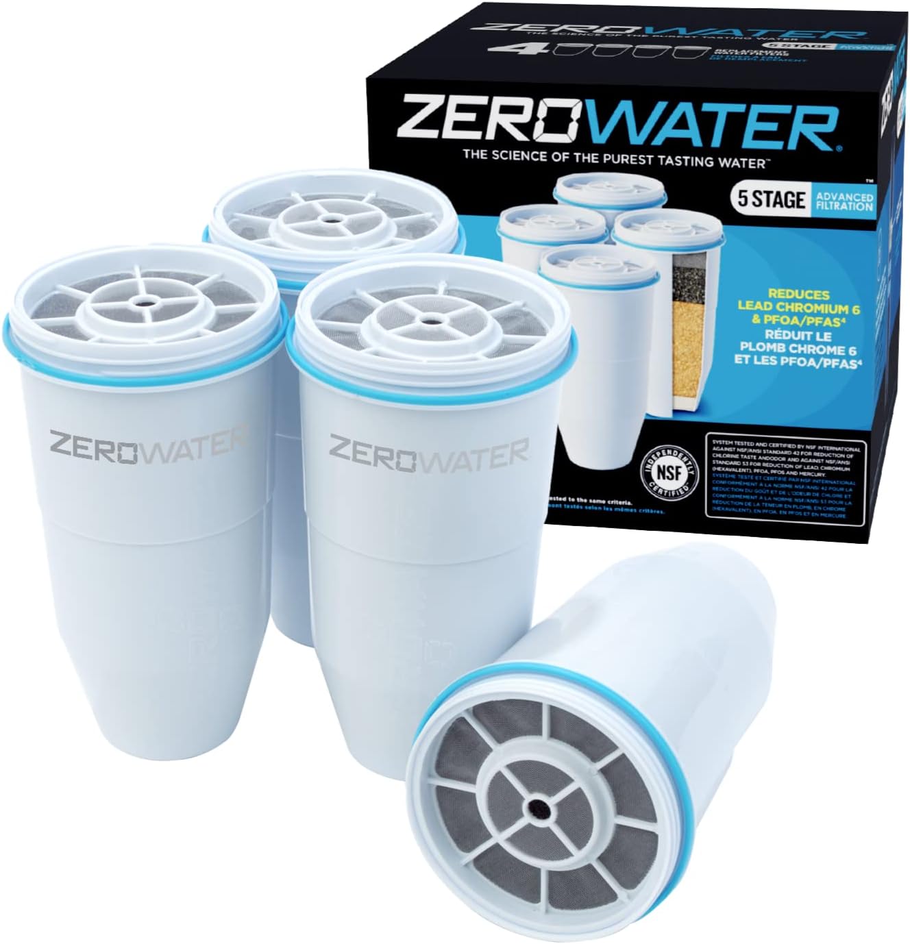 ZeroWater Official Replacement Filter - 5-Stage Filter Replacement 0 TDS for Improved Tap Water Taste - NSF Certified to Reduce Lead. Chromium. and PFOA/PFOS. 4-Pack