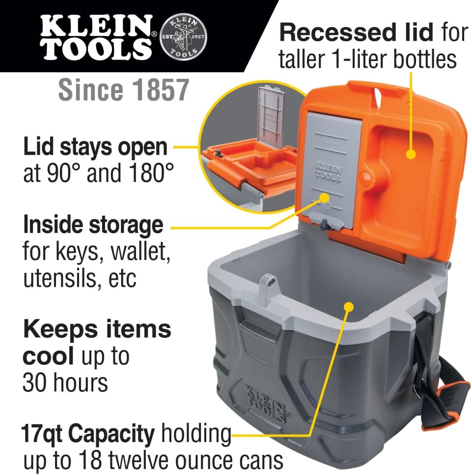 Klein Tools 55600 Work Cooler. 17-Quart Lunch Box Holds 18 Cans. Keeps Cool 30 Hours. Seats 300 Lb. Tradesman Pro Tough Box