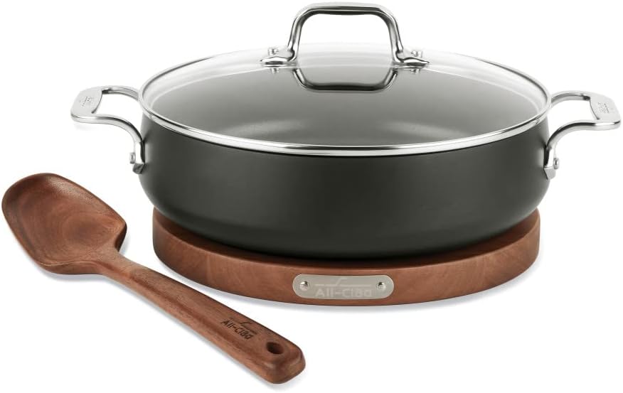 All-Clad HA1 Hard Anodized Nonstick 4 Piece Sauteuse Set. Acacia Trivet and Spoon 4 Quart Induction Pots and Pans. Cookware Black