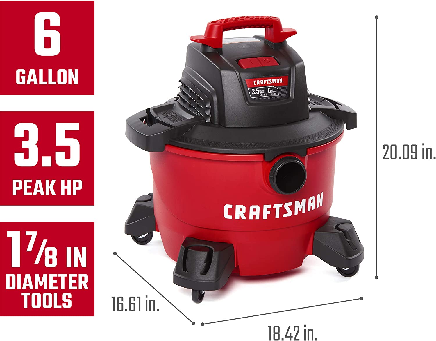 CRAFTSMAN CMXEVBE17584 6 Gallon 3.5 Peak HP Wet/Dry Vac. Portable Shop Vacuum with Attachments . Red