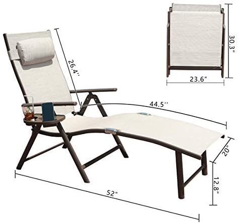 GOLDSUN Aluminum Outdoor Folding Reclining Adjustable Chaise Lounge Chair with Headrest and Tray for Backyard Beach Porch Patio Swimming Poolside (Single. Beige)
