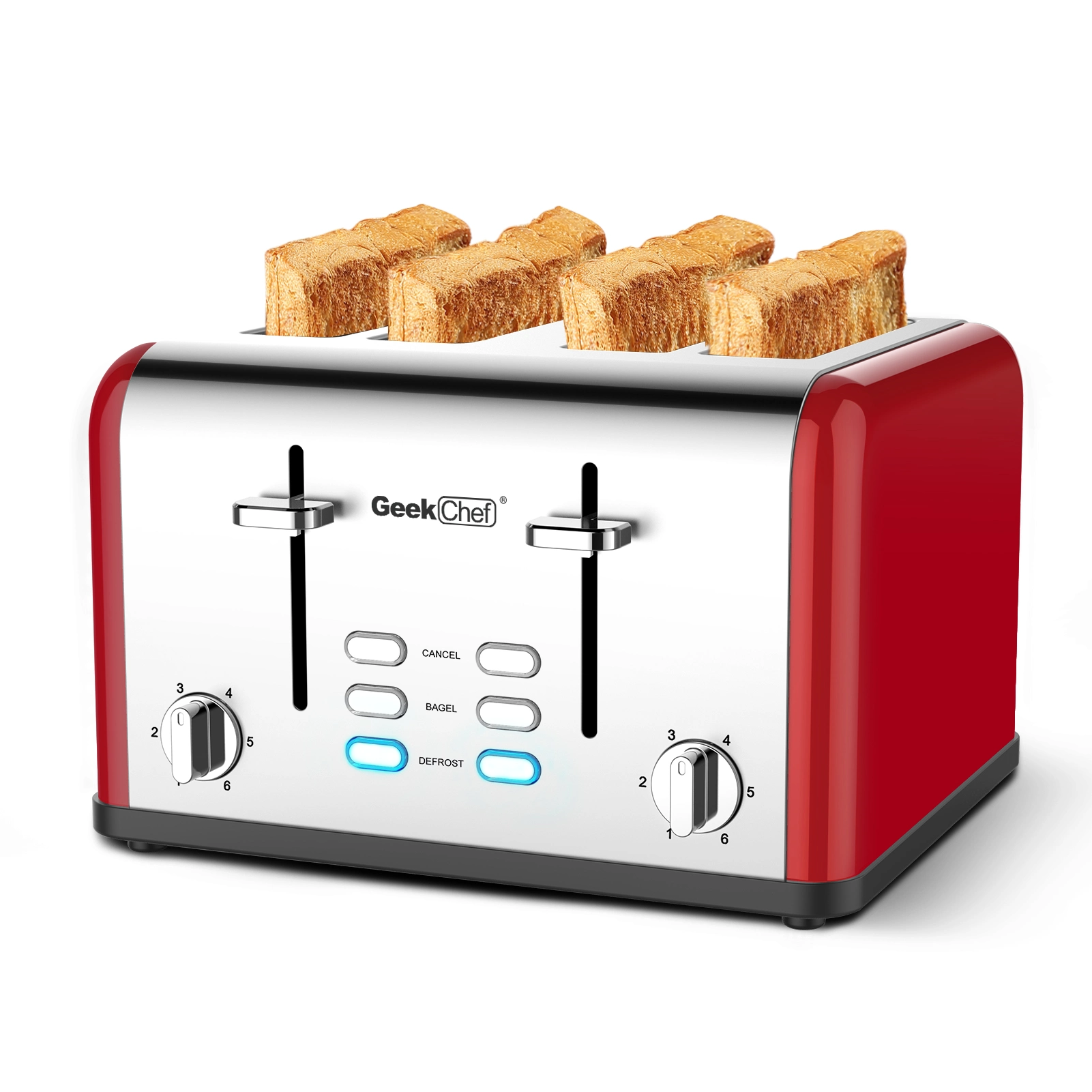 Toaster 4 Slice. Geek Chef Stainless Steel Extra-Wide Slot Toaster with Dual Control Panels of Bagel/Defrost/Cancel Function. 6 Toasting Bread Shade Settings. Removable Crumb Trays. Auto Pop-Up (Red)