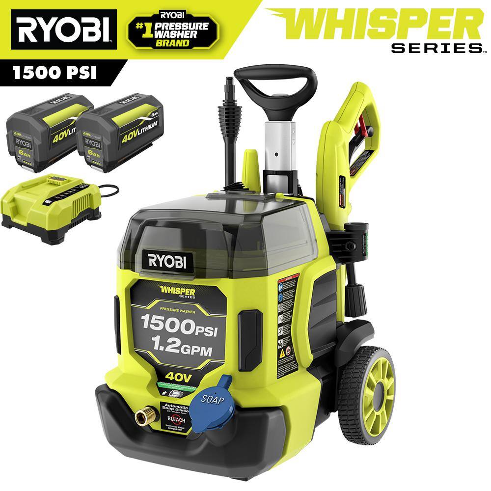 RYOBI RY40PW15 40V HP Brushless Whisper Series 1500 PSI 1.2 GPM Cold Water Electric Pressure Washer w/ (2) 6.0 Ah Batteries and Charger