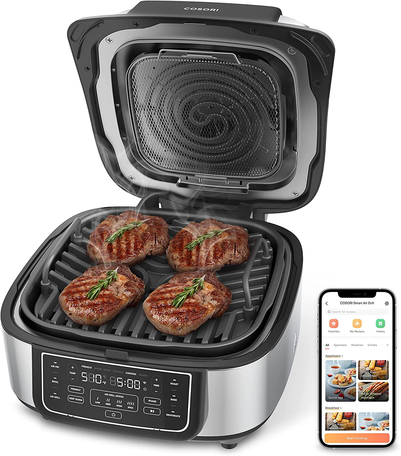 COSORI Indoor Grill. Smart XL Air Fryer Combo Aeroblaze. 8-in-1. 6QT. Voice Control. Black