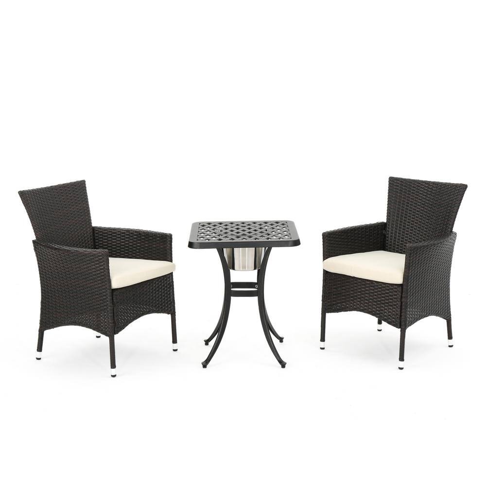 Noble House  Ava Brown 3-Piece Aluminum and Plastic Square Outdoor Bistro Set with Beige Cushions