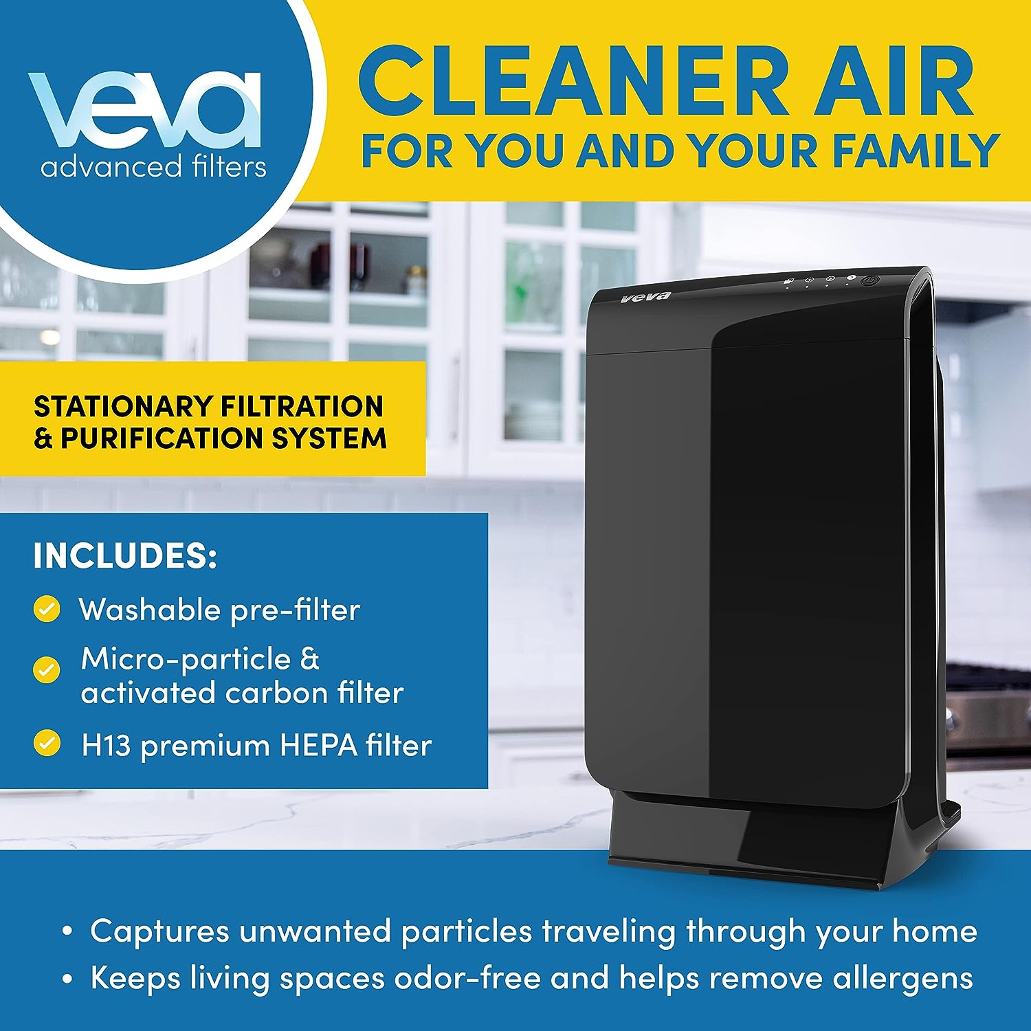 VEVA Air Purifier Large Room - ProHEPA 9000 Premium Air Purifiers for Home w/ H13 Washable HEPA Filter for Smoke. Dust. Pet Dander & Odor - Black