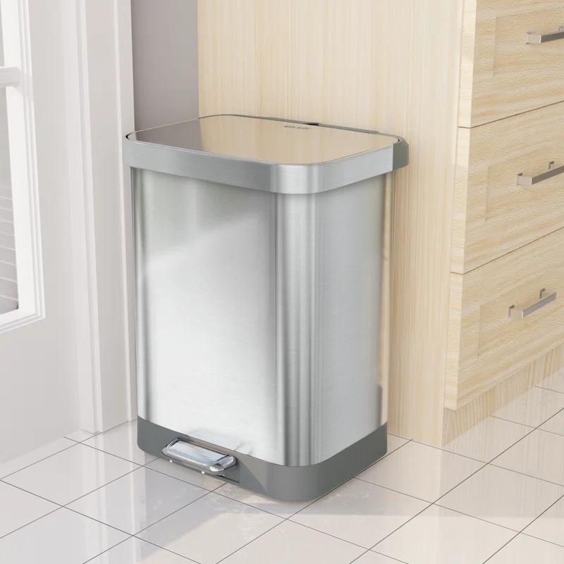 Glad GLD-74525 13 Gal. ALL Stainless Steel Step-On Large Metal Kitchen Trash Can w/Clorox Odor Protection and Soft-Closing Lid