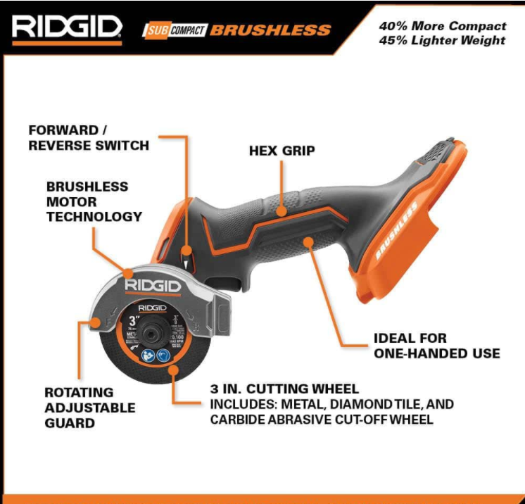 RIDGID R87547B 18V SubCompact Brushless Cordless 3 in. Multi-Material Saw (Tool Only) with (3) Cutting Wheels