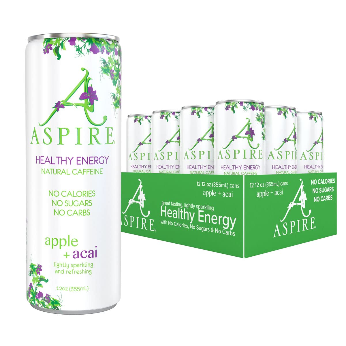 Aspire Healthy Energy Drink. Apple Acai (Pack of 12) 12 oz Cans. Natural Caffeine and Zero Sugar. Coffee Substitute. Vitamins B & C. Keto. Vegan. and Kosher Friendly