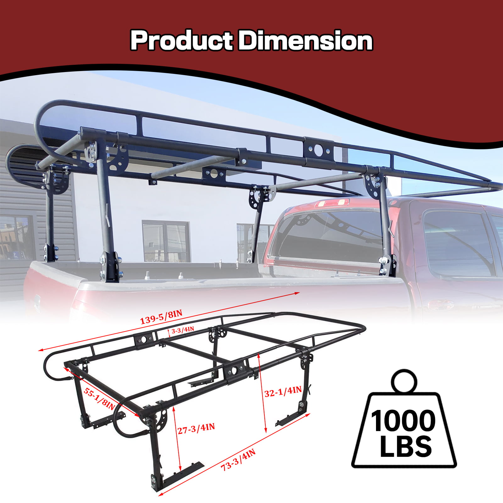 Kojem Universal Kayak Lumber Rack 1000 LBS Adjustable Truck Bed Rack Contractors Ladder Pickup Side Bar Long Cab Over-Cab