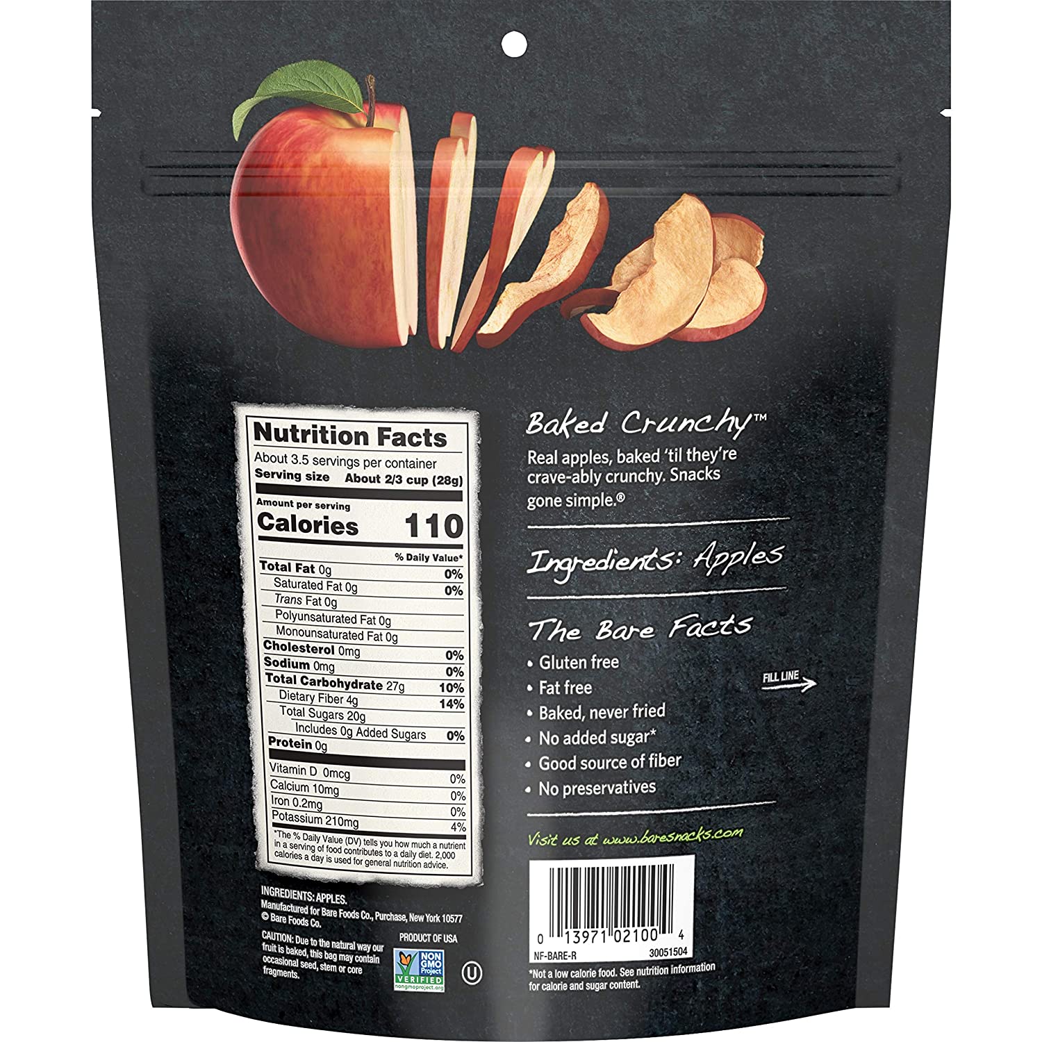 Bare Baked Crunchy Apple Chips. Fuji & Reds. Gluten Free. 3.4 Ounce Bag. 6 Count