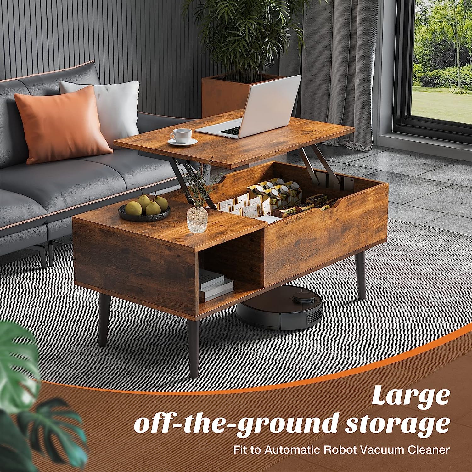 Sweetcrispy Coffee Table. Lift Top Coffee Tables for Living Room.Rising Tabletop Wood Dining Center Tables with Storage Shelf and Hidden Compartment. Retro Brown