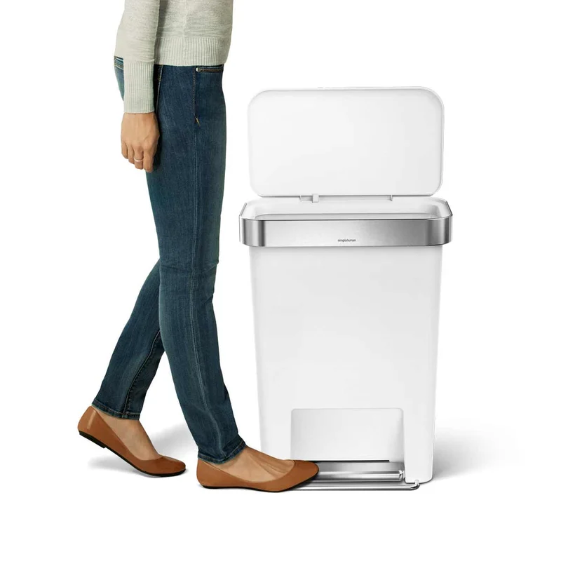 simplehuman 45 Liter / 12 Gallon Rectangular Kitchen Step Trash Can with Soft-Close Lid. White Plastic