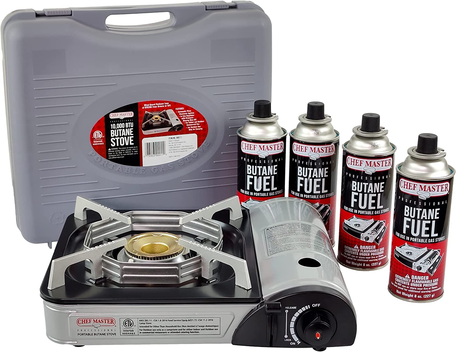 CHEF MASTER 90011 Portable Butane Stove | 10.000 BTU Outlet | Single Burner Camp Stove + 4 Fuel Canisters