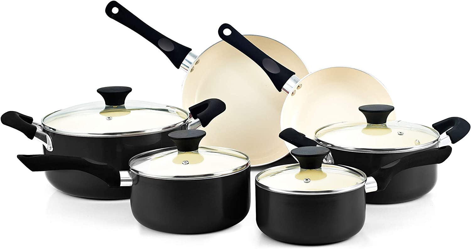 Cook N Home Pots and Pans Set Nonstick. 10 Piece Ceramic Cookware Sets. Kitchen Non Stick Cooking Set with Saucepans. Frying Pans. Dutch Oven Pot with Lids. PFOS and PFOA Free. Black