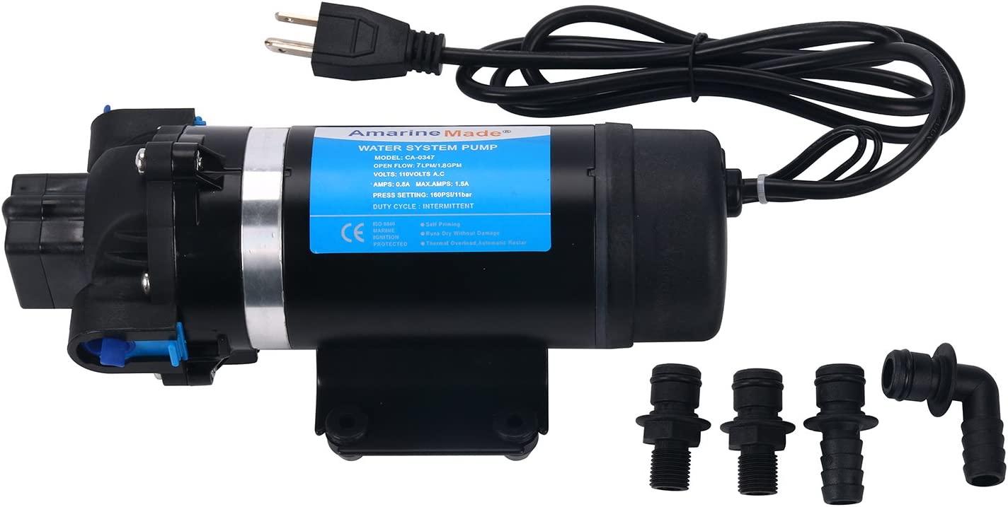 Amarine Made AC 110V Self Priming Water Pressure Pump.Fresh Water Washdown Pump 160PSI/11bar 7LPM AMPS:0.8A MAX.AMPS:1.5A Diaphragm Pump For Caravan/RV/Boat/Marine (DP-160S)