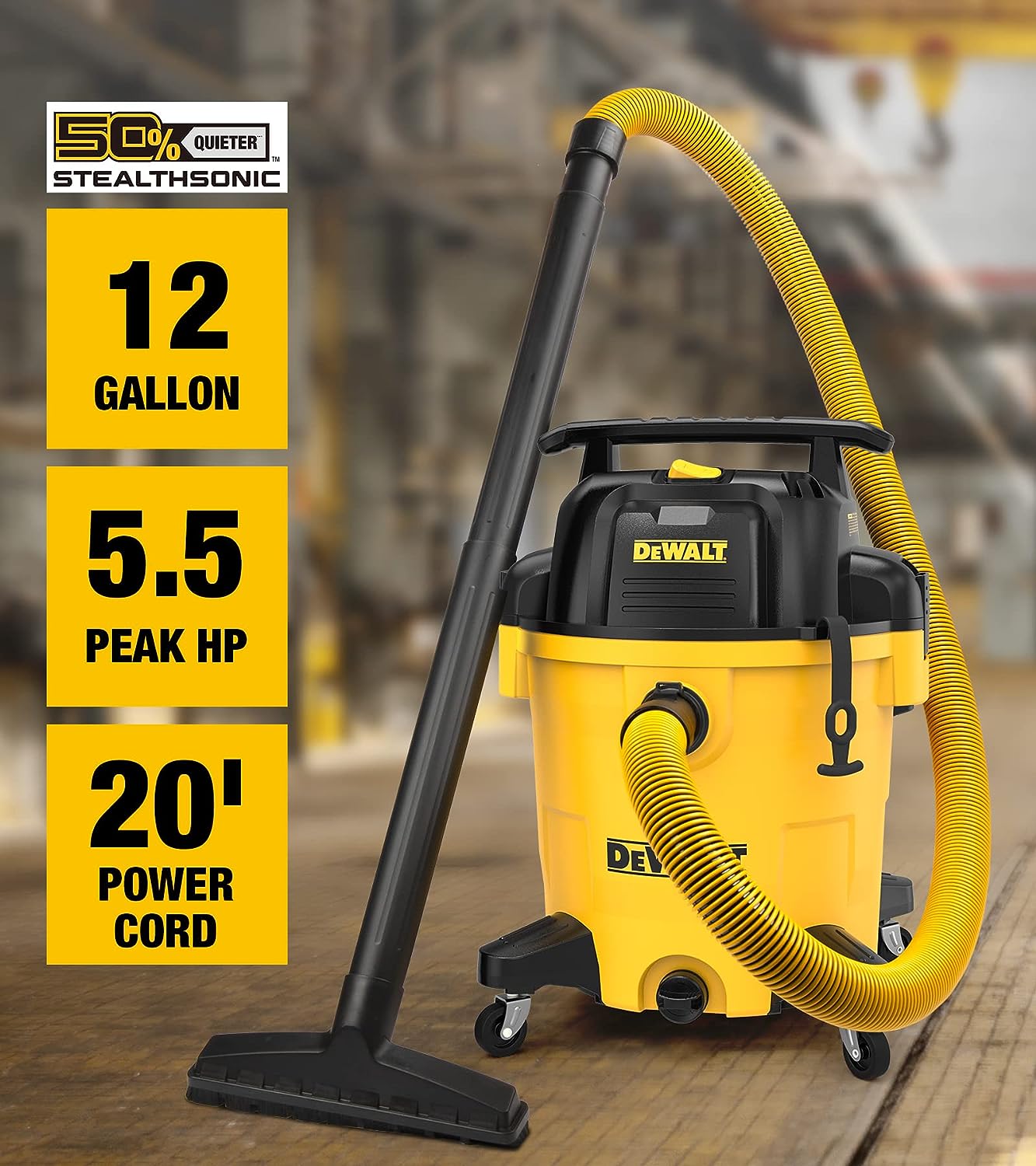 DEWALT 12 Gallon STEALTHSONIC Poly Wet/Dry Vacuum. DXV12P-QTA Newest Noise Reduction Vac. Heavy Duty Shop Vacuum for Jobsite/Workshop. Reduce Motor Noise. Yellow
