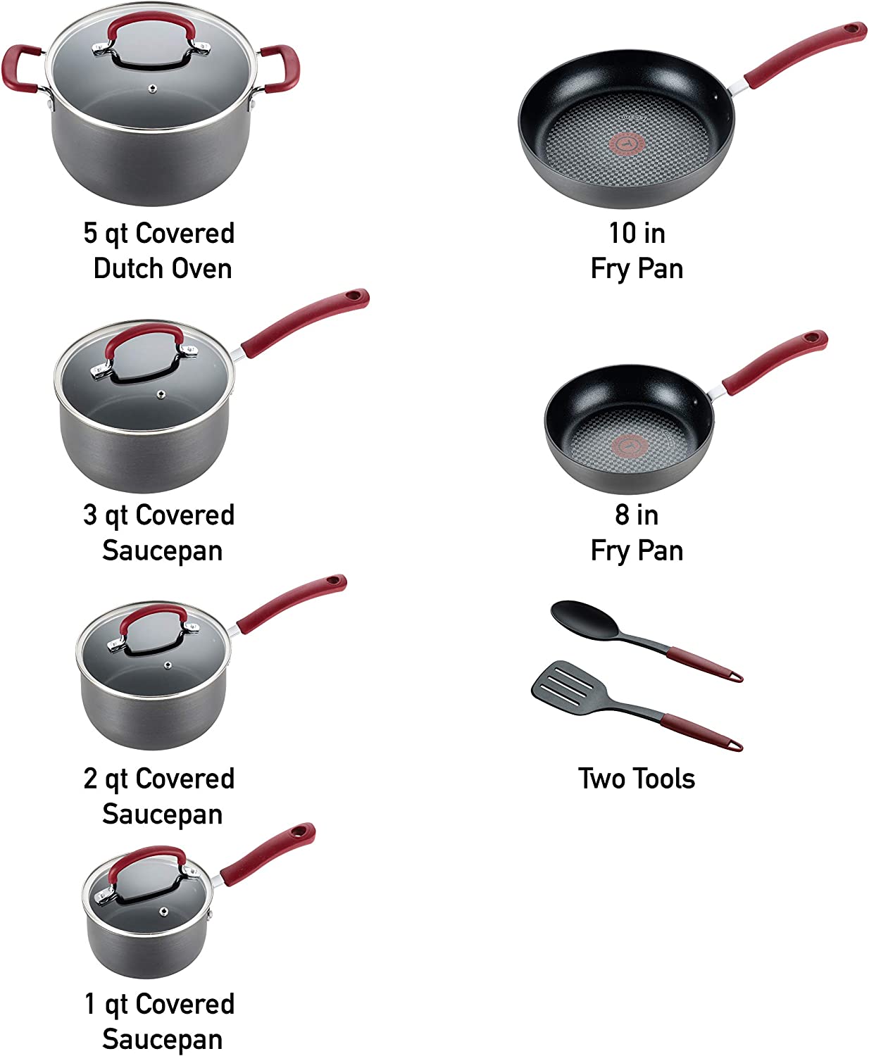T-fal Ultimate Hard Anodized Dishwasher Safe Nonstick Cookware Set. 12-Piece. Red